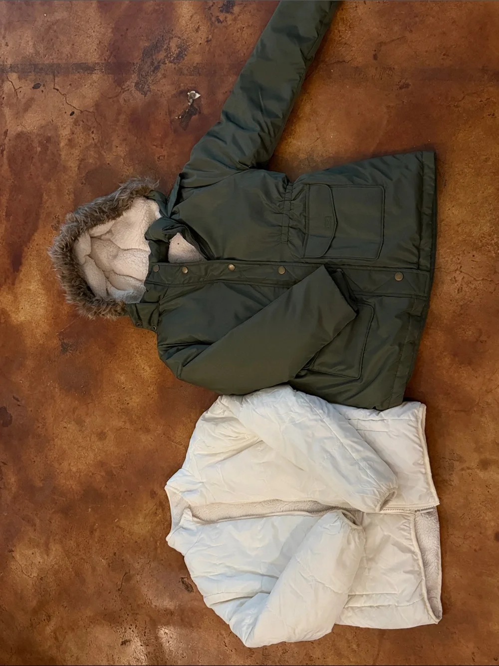 Kids Hooded Winter Parka Coat - Olive Green and cream puffer